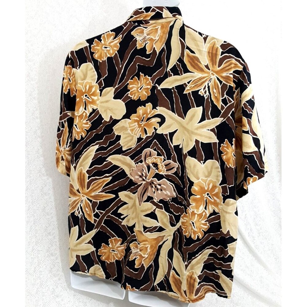 Men Hawaiian Luau Shirt 2X XXL Black Brown Orange Floral Hibiscus Button Front - Picture 2 of 7